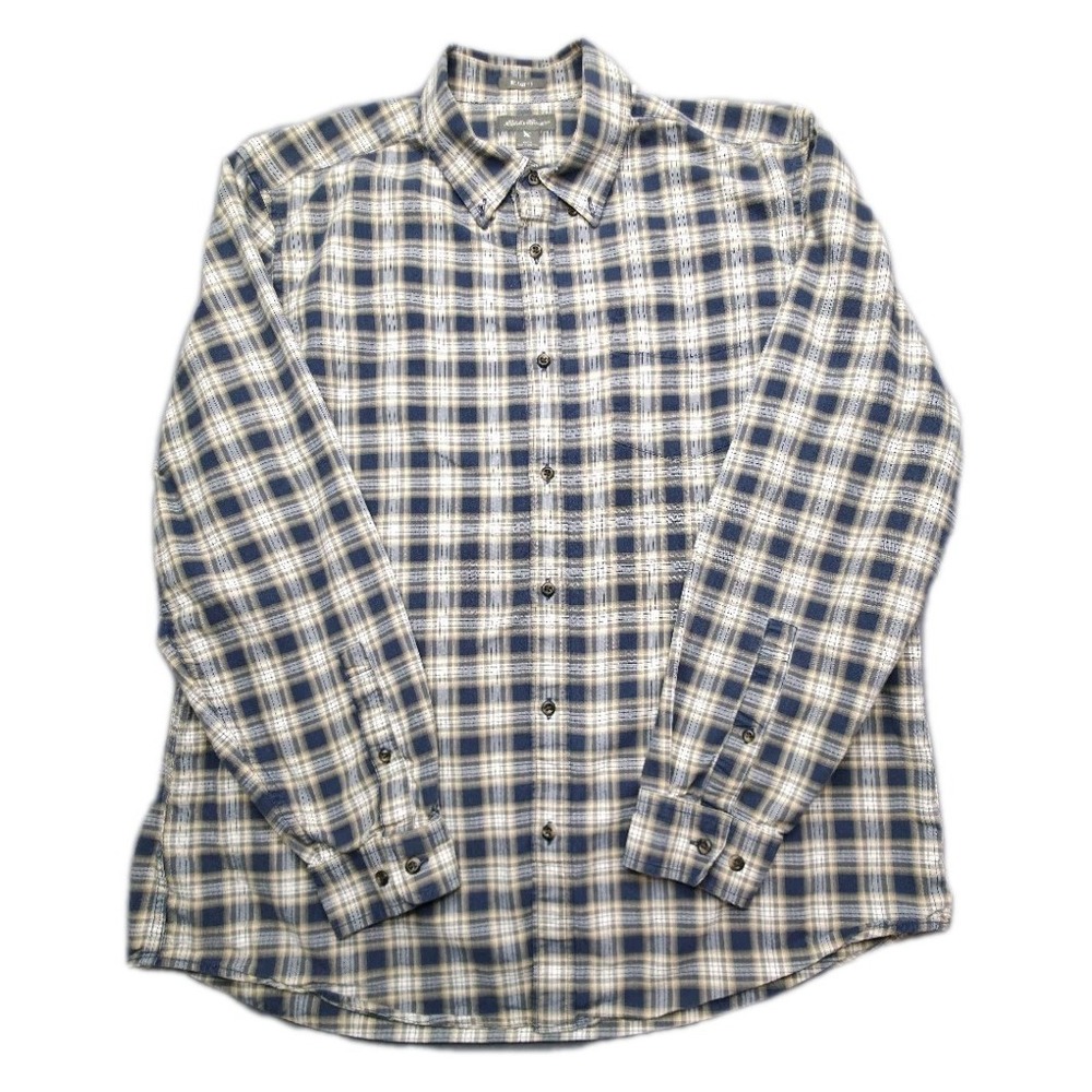 Eddie Bauer Mens L Relaxed Fit Plaid Button Down Shirt Blue Brown Beige